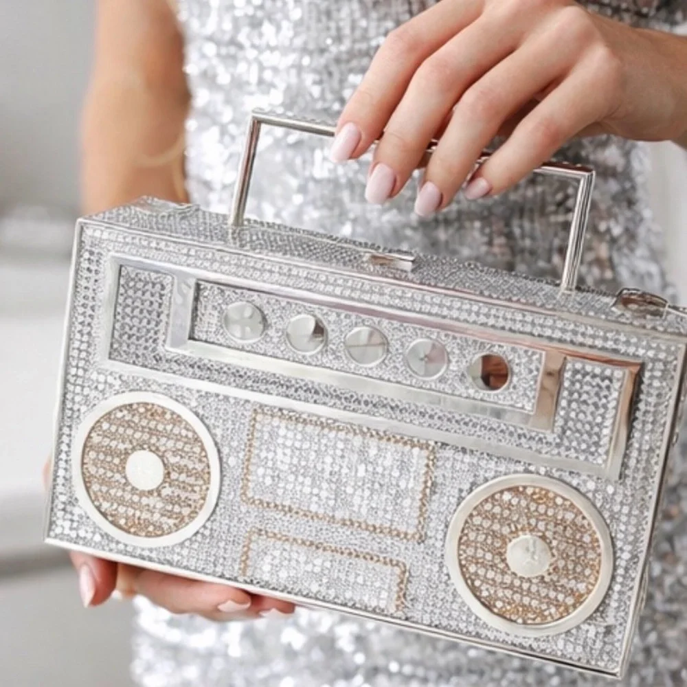 Boombox Clutch Silver Gem Purse Y2K Festival Vegas Bachelorette Statement Bag
